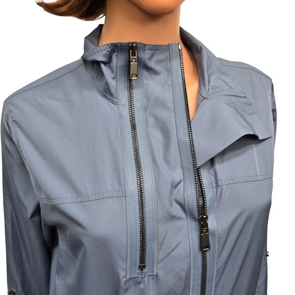 Elie Tahari Long Windbreaker Rain Coat Size M Full Zip Pockets Fishtail hem Blue - Picture 8 of 13